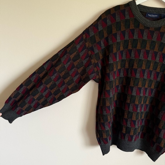Vintage Van Heusen Men’s Gray Geometric Pullover 90s y2k Grandpa Sweater L - Picture 2 of 5